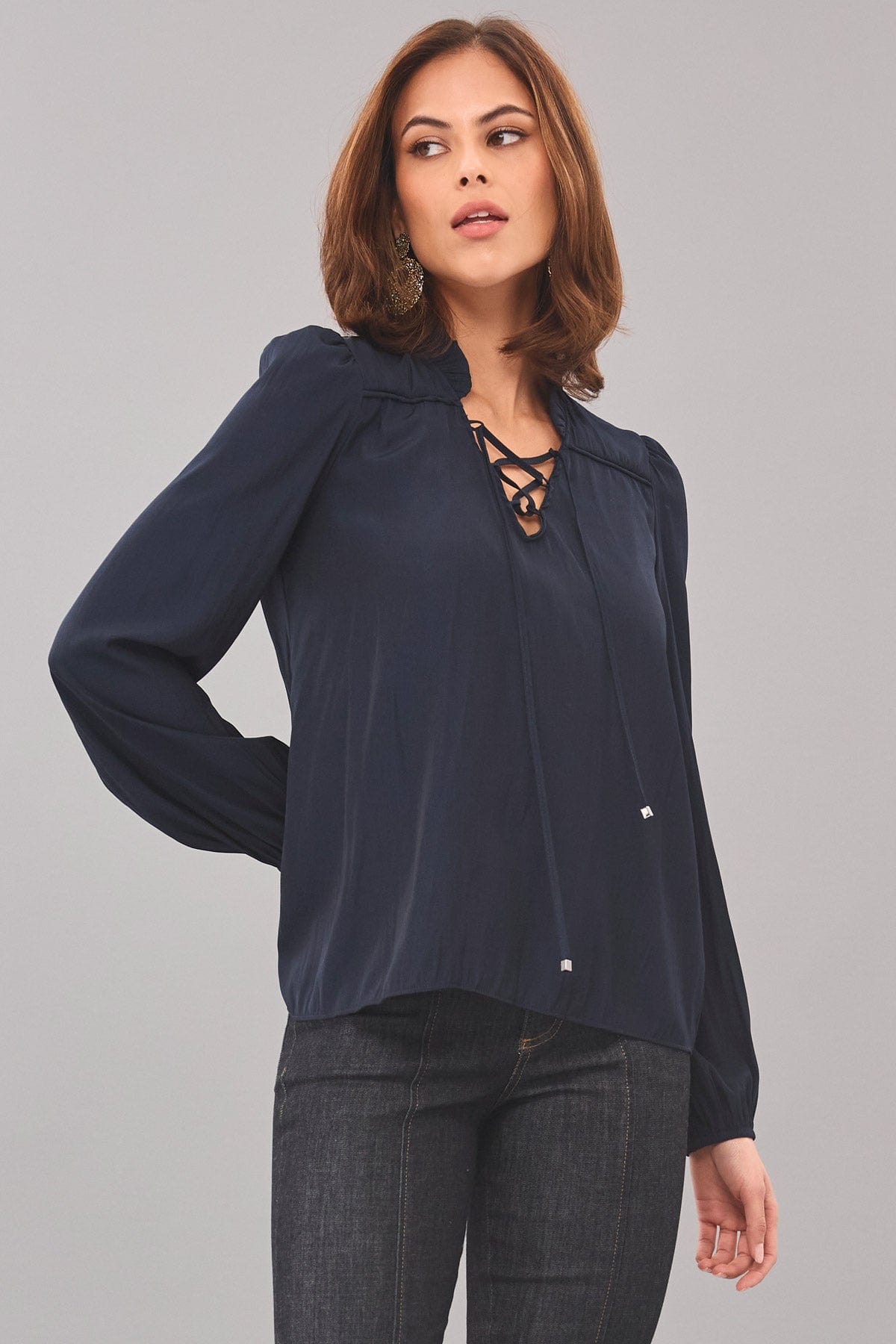 D-Satin Lace-Up Peasant Top