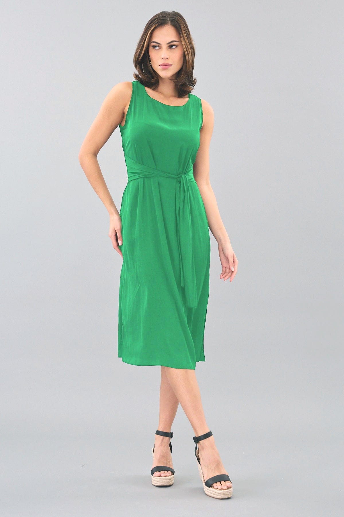 Belted D-Satin Midi Dress