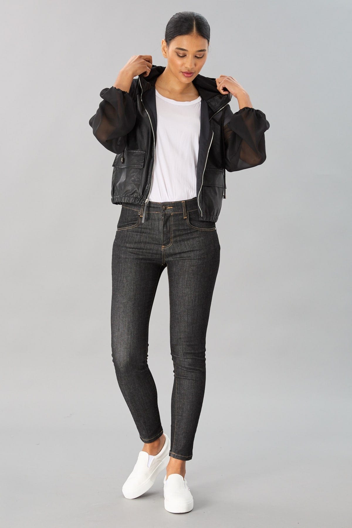 Sheer Sleeve Leather Hooded Jacket