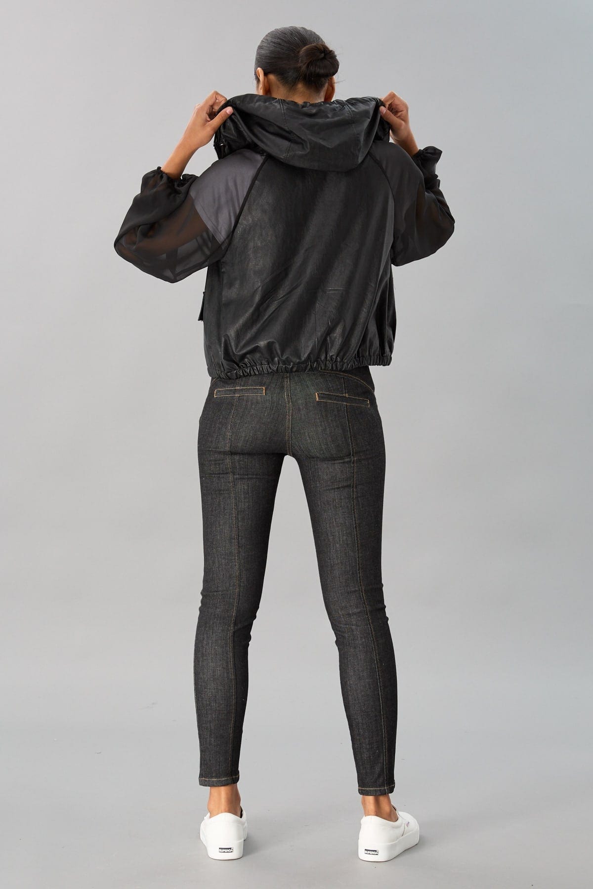Sheer Sleeve Leather Hooded Jacket