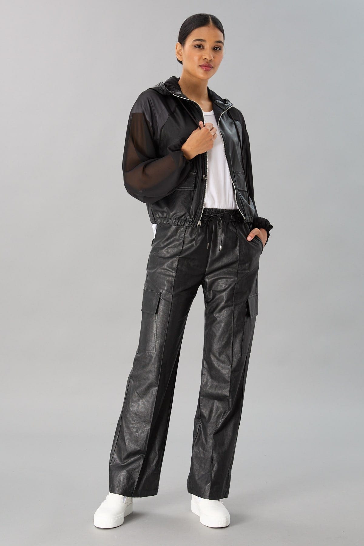 Sheer Sleeve Leather Hooded Jacket