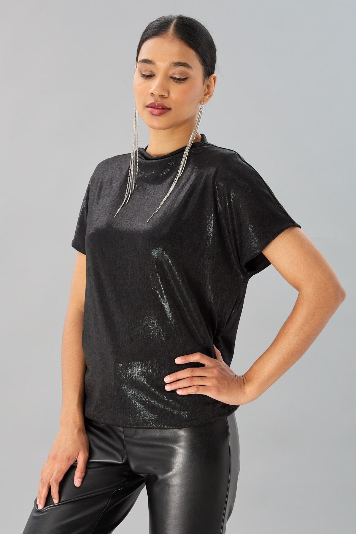 Foil Jersey Mock Neck Top