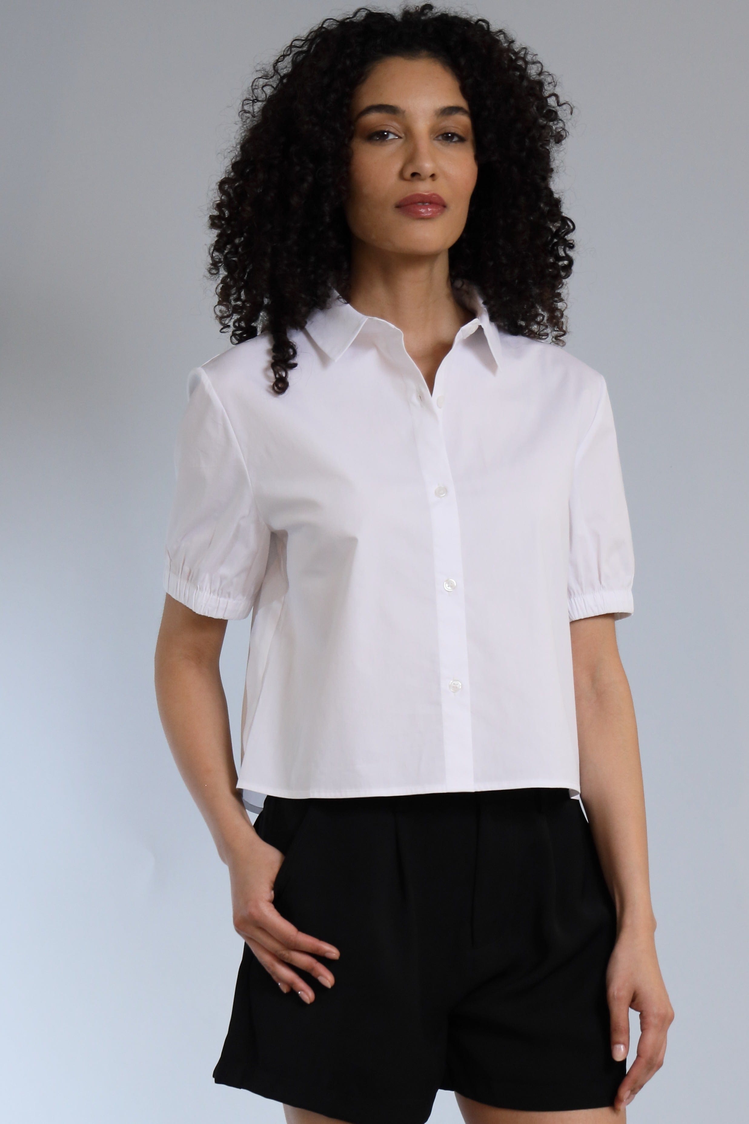 Stretch Poplin Cropped Button Down Shirt