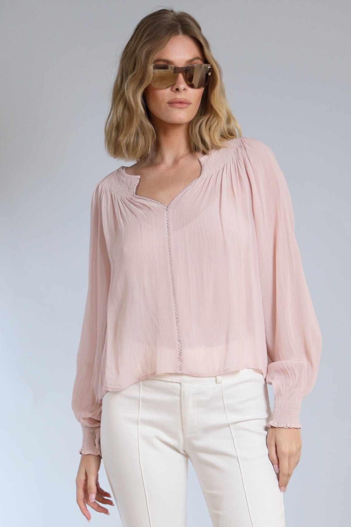 Smocked Neckline Long Sleeve Top