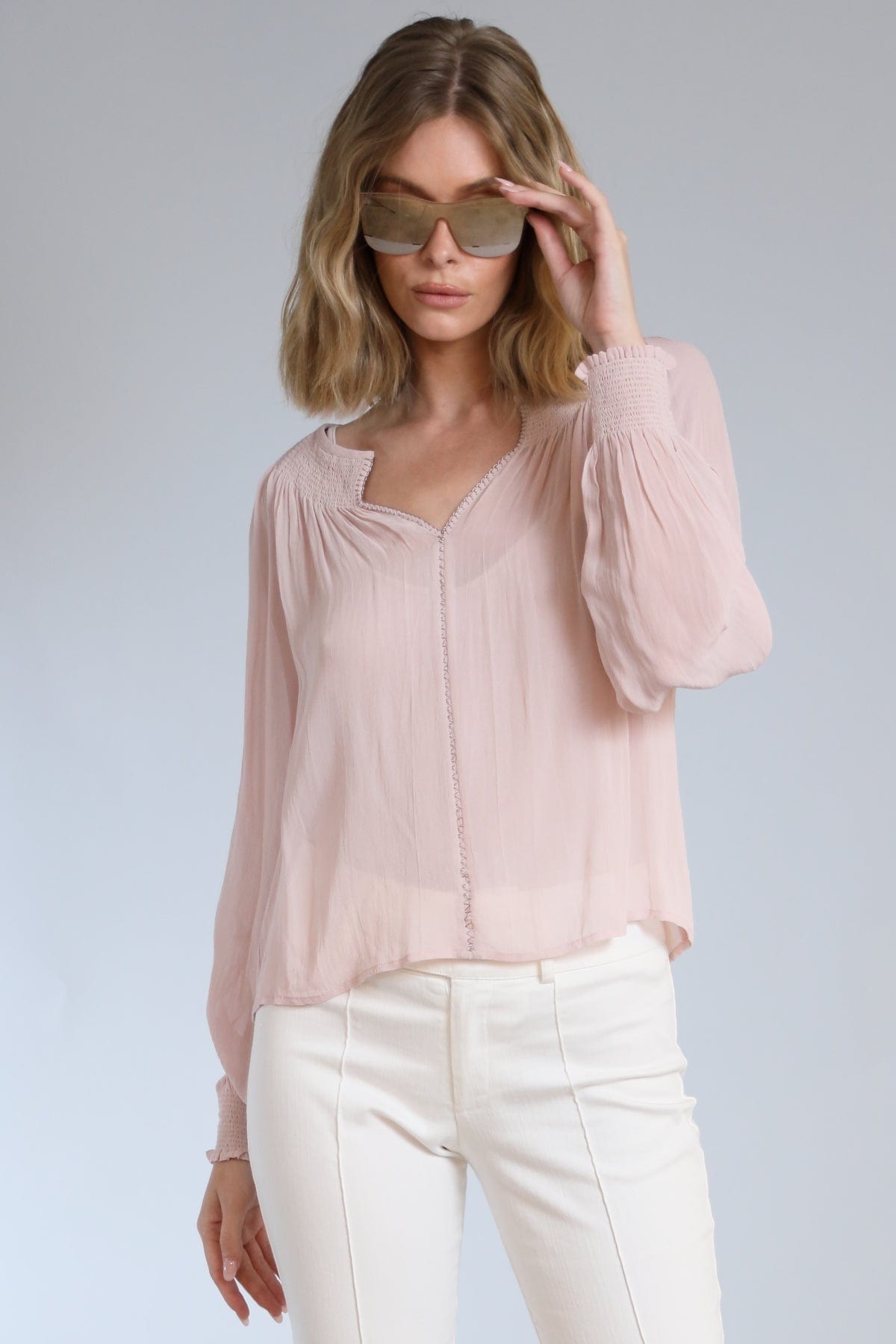 Smocked Neckline Long Sleeve Top