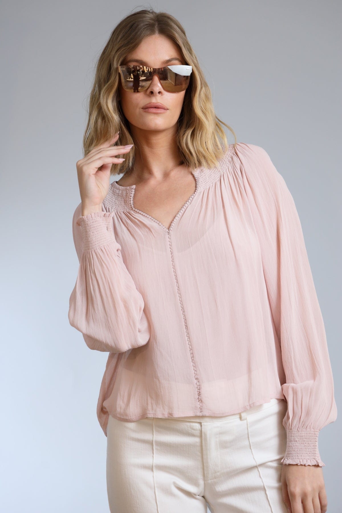 Smocked Neckline Long Sleeve Top