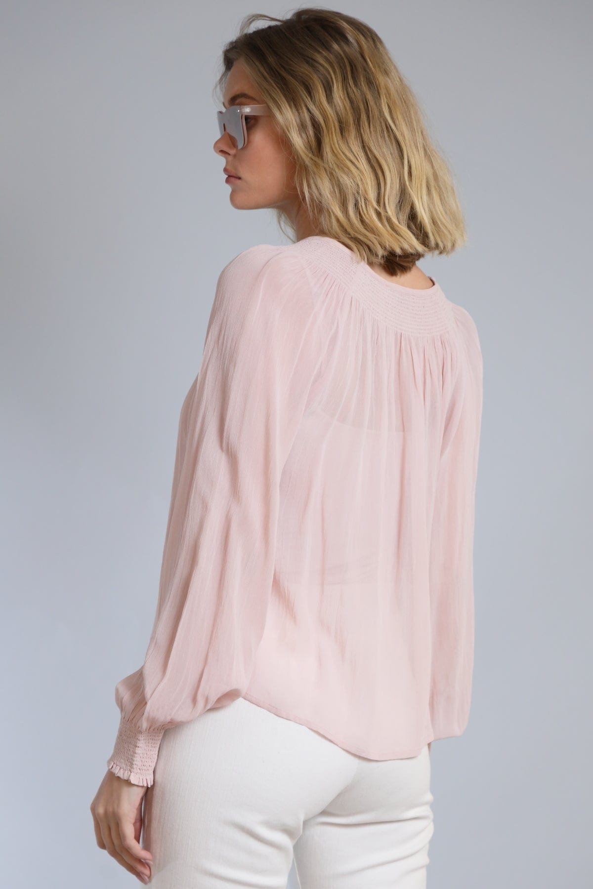 Smocked Neckline Long Sleeve Top