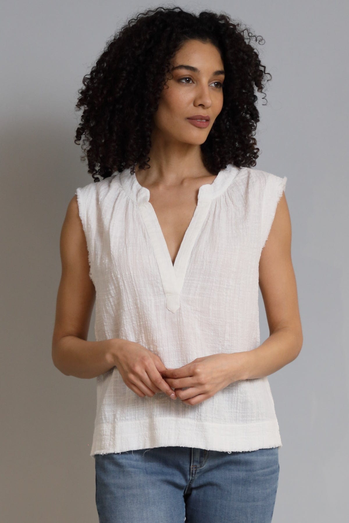 Crinkle Cotton Sleeveless Henley