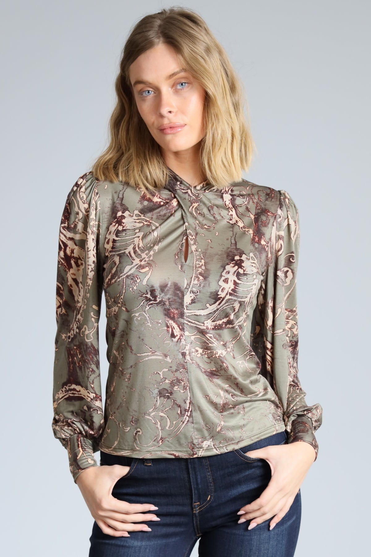 Olive Paisley Keyhole Top