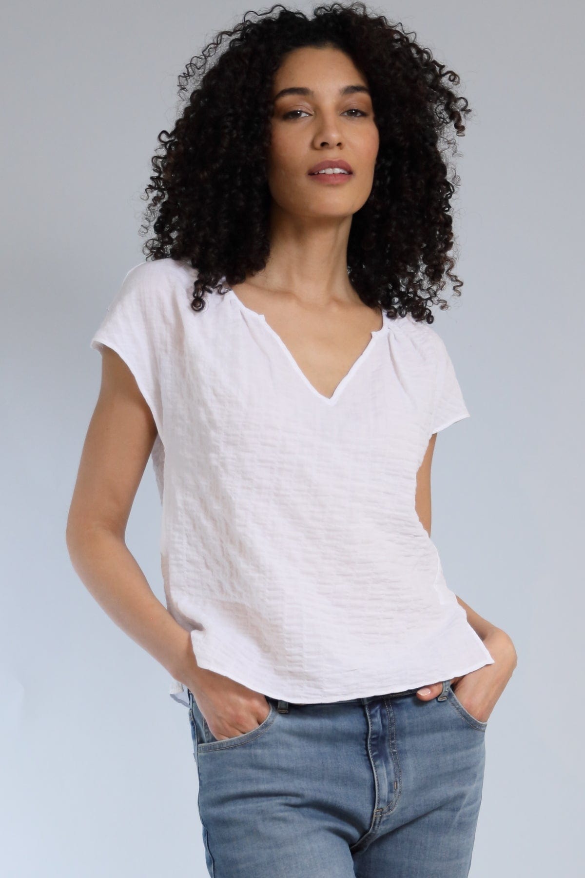 Pucker Cotton Split V-Neck Top