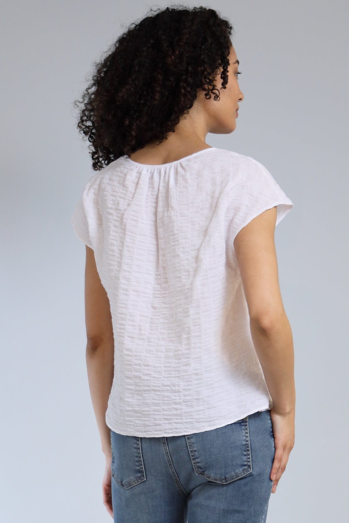 Pucker Cotton Split V-Neck Top