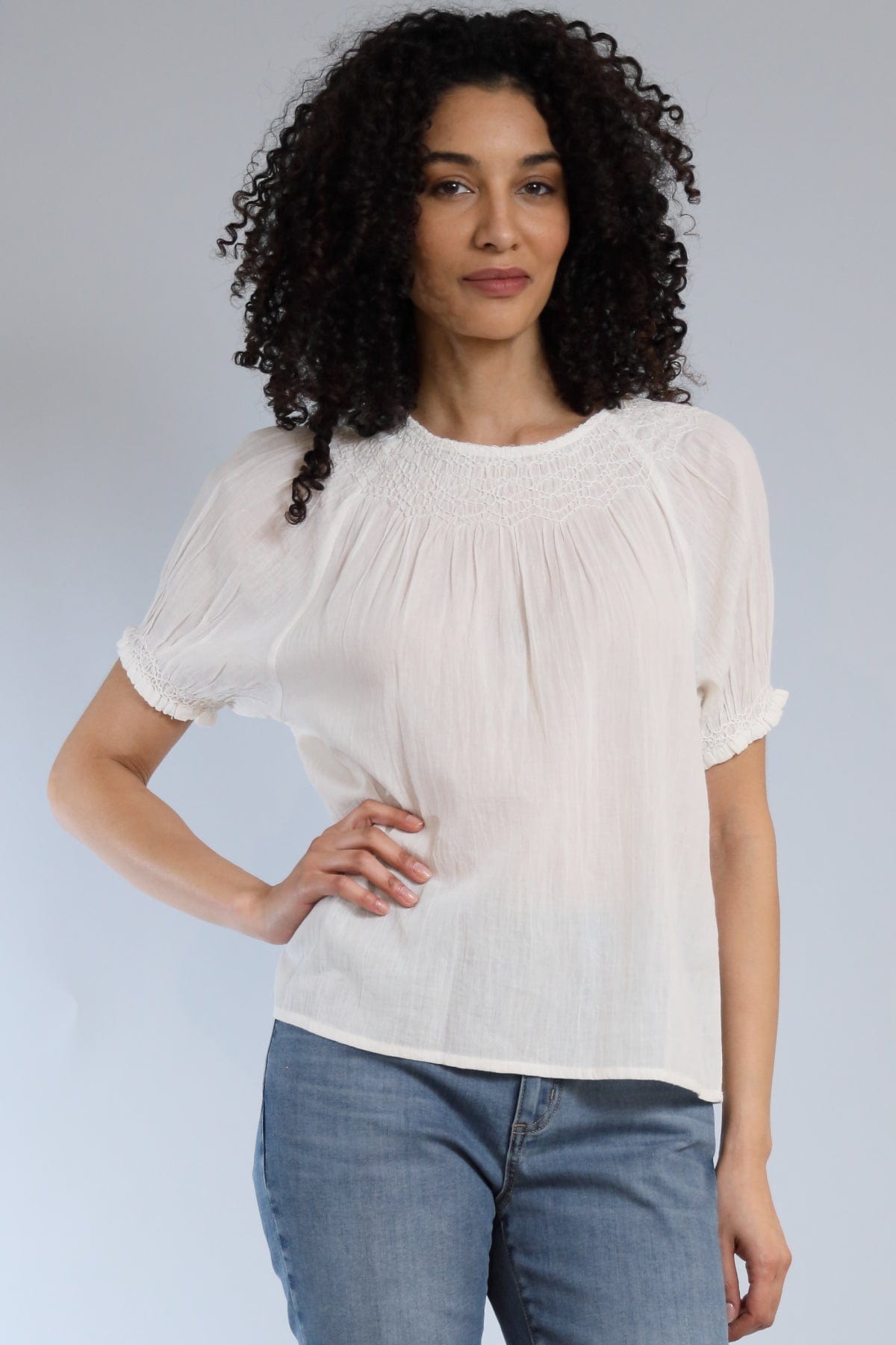 Neck Embroidered Crinkle Cotton Top