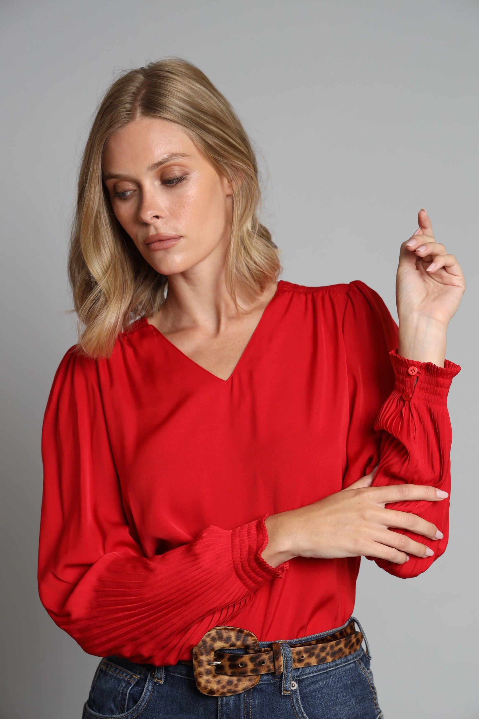 Pleated Sleeve V-nk Top