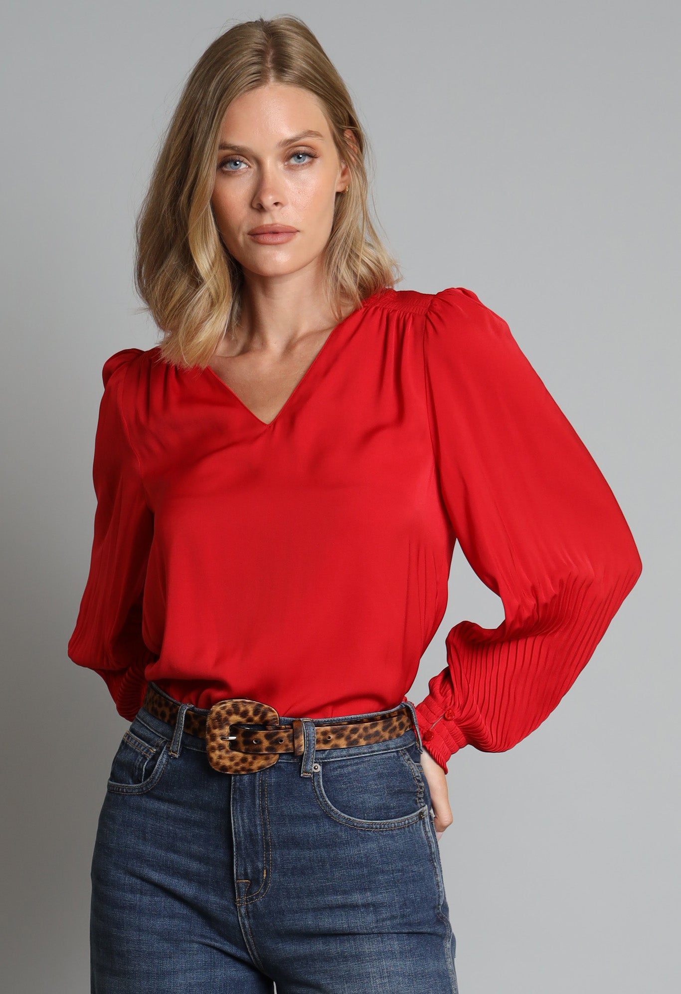 Pleated Sleeve V-nk Top