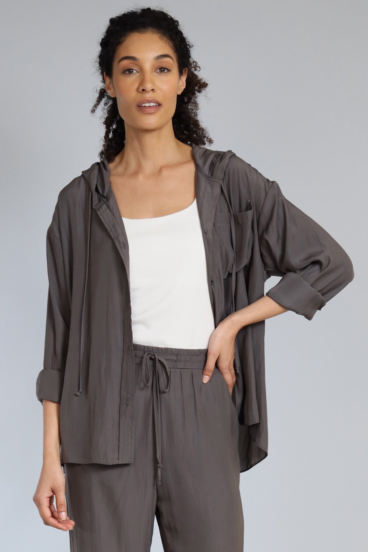 D Satin Button Front Hoodie