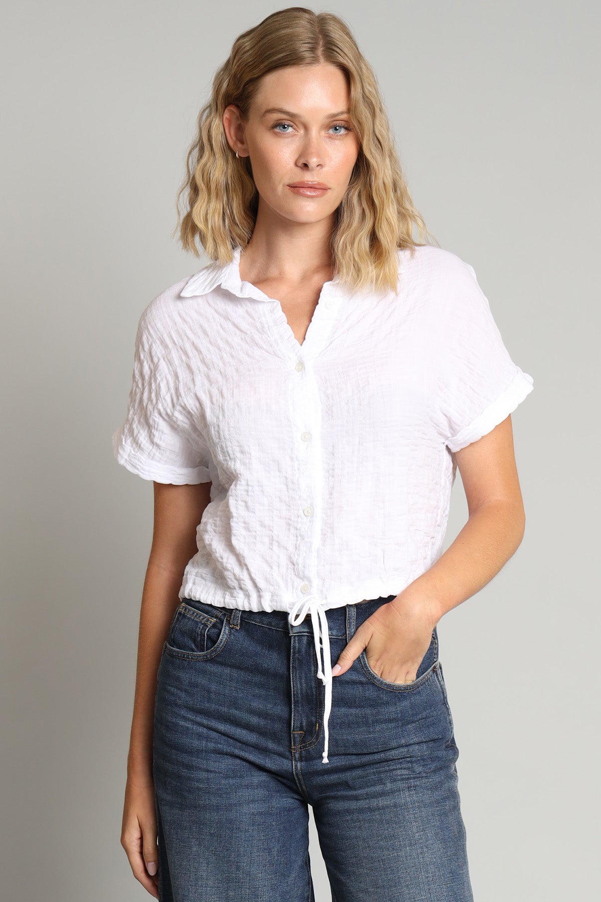 Cotton Pucker Drawstring Shirt