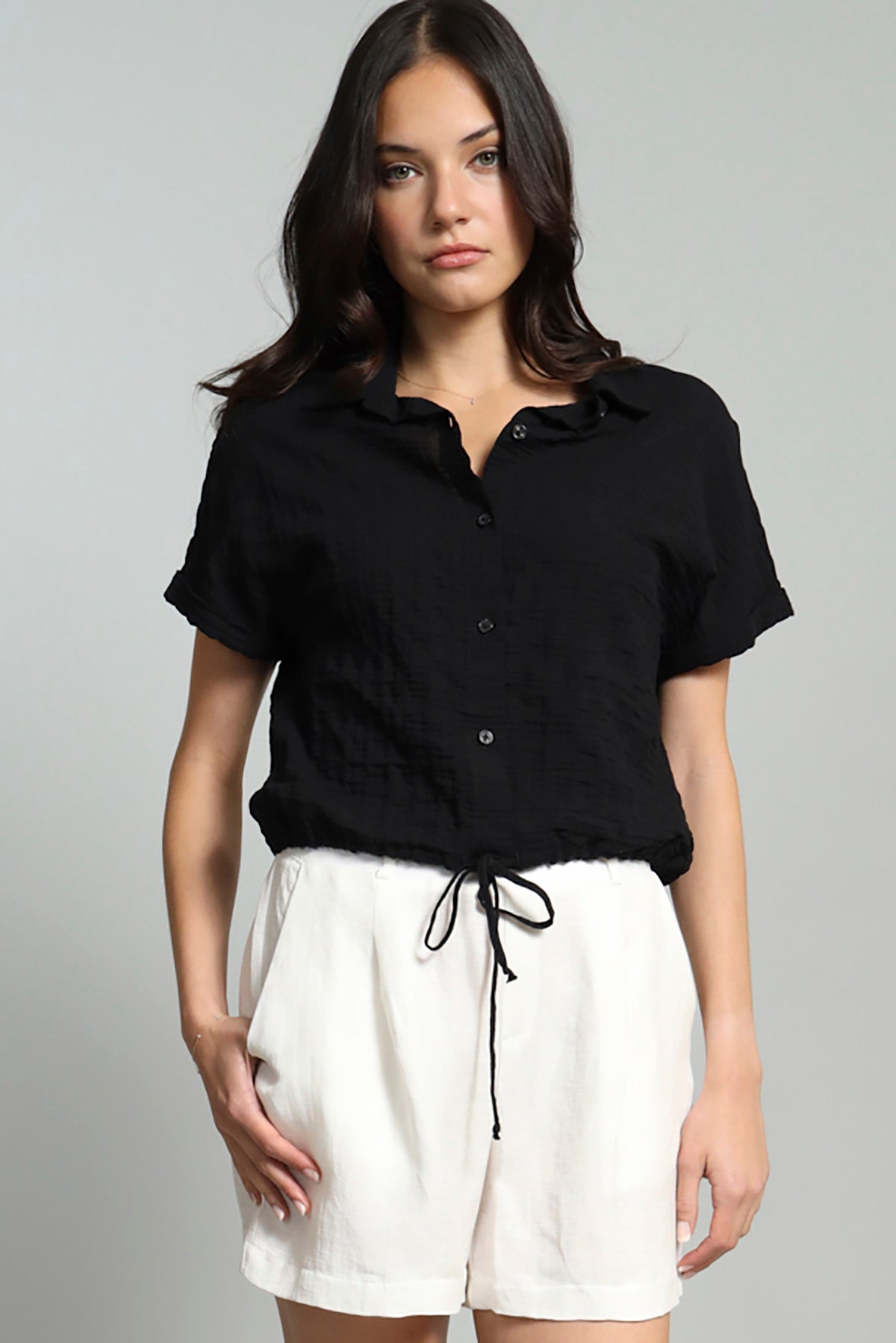 Cotton Pucker Drawstring Shirt