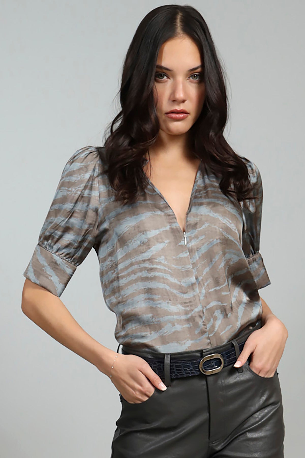 Emma Blue Zebra Zip Front Top