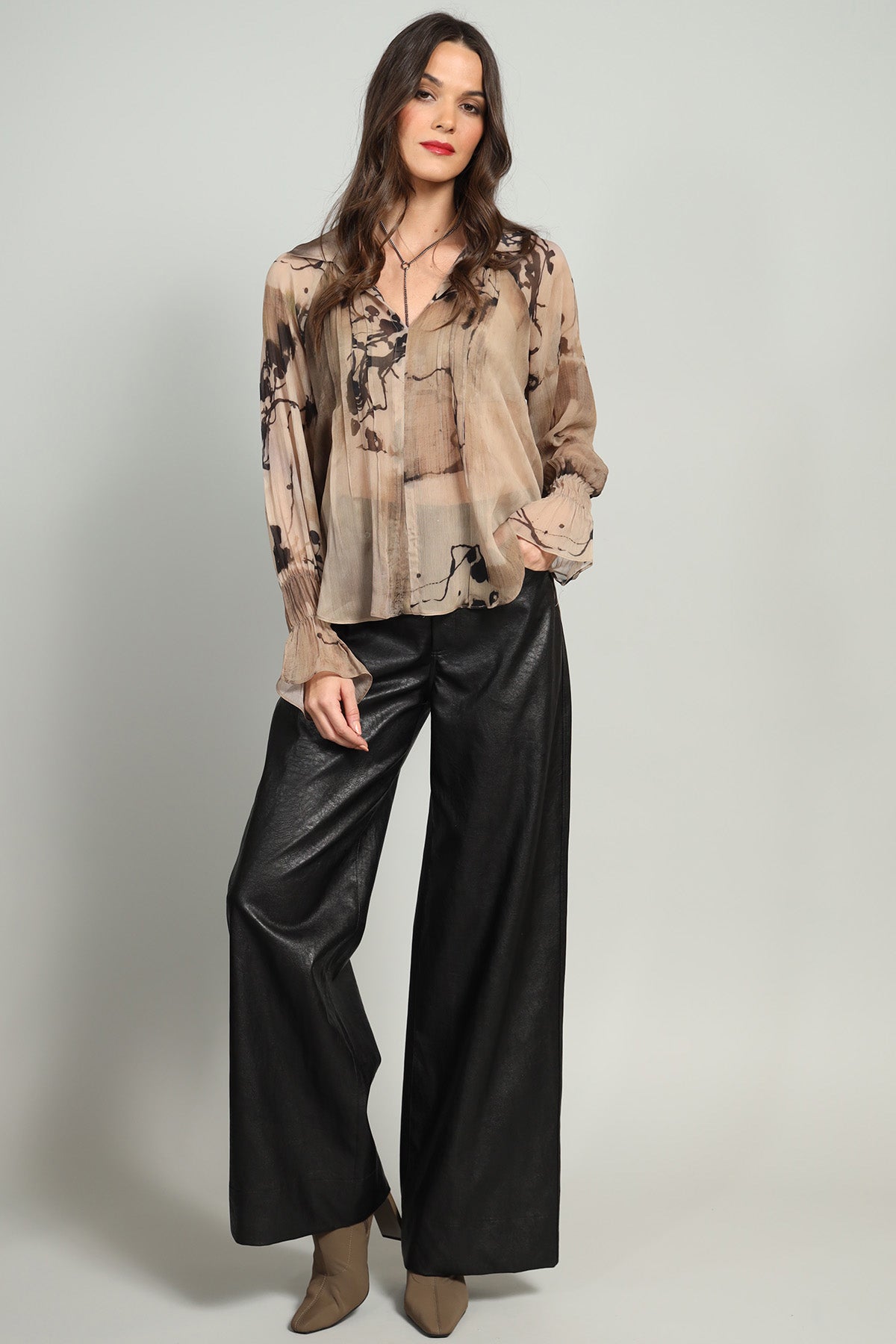 Sandy Ink Drawing Pintuck Chiffon Top