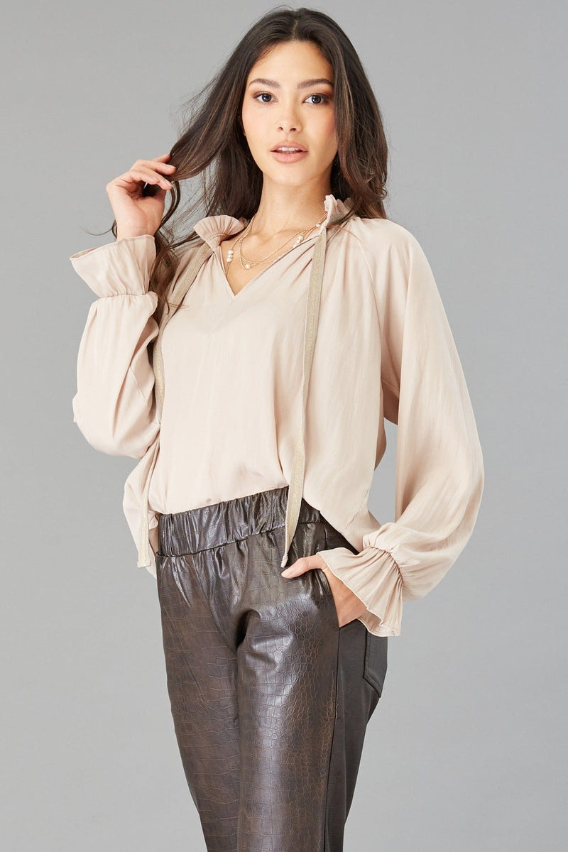 Distressed Satin Tie-neck Blouse