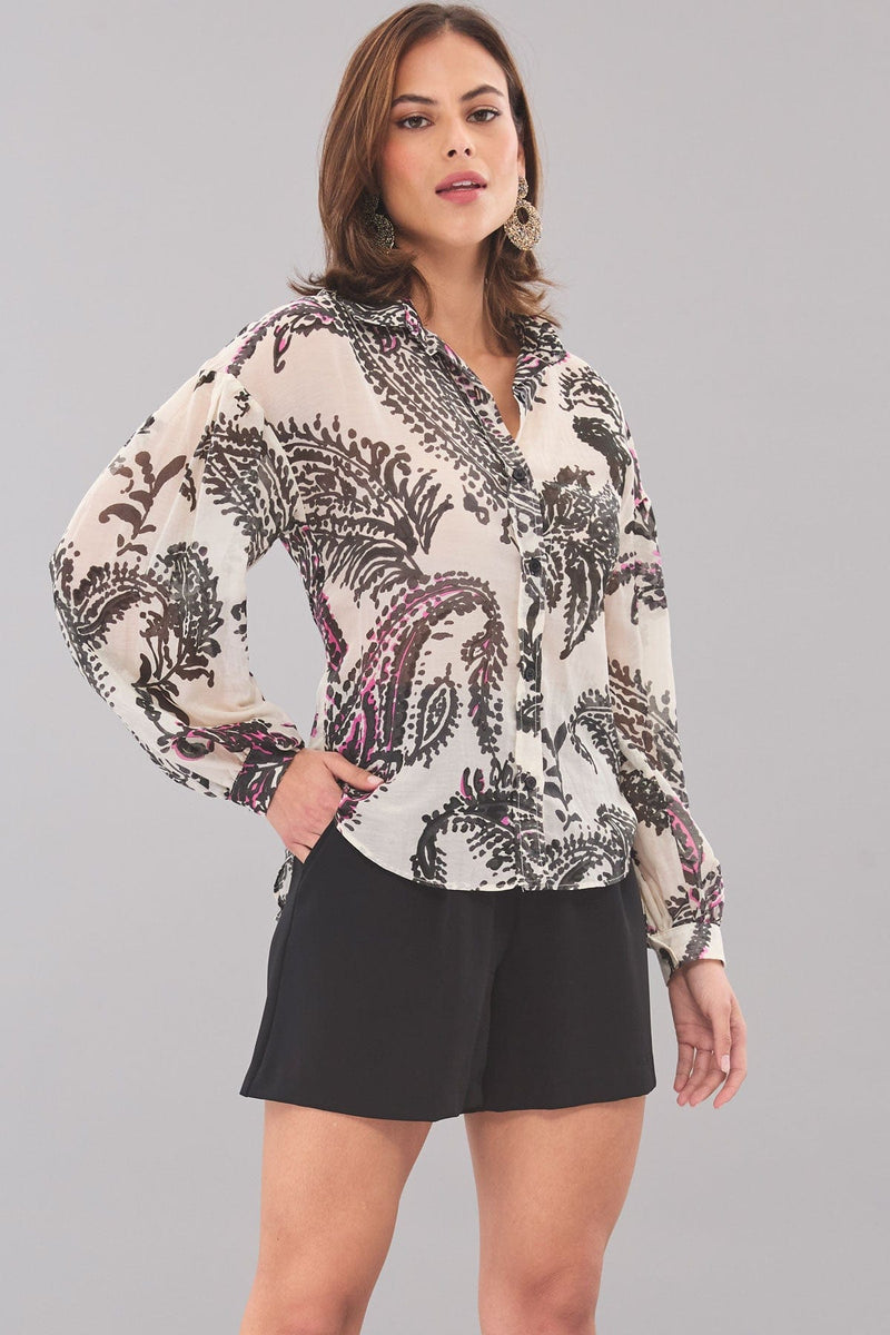 Printed Voile Balloon Sleeve Shirt