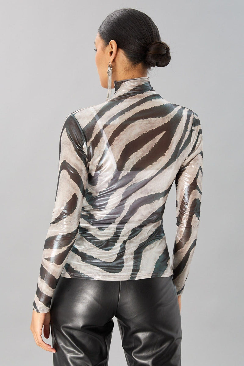 Nanushka Madi popular Mesh Jersey Long Sleeve Top Zebra Print Mock Neck Y2K