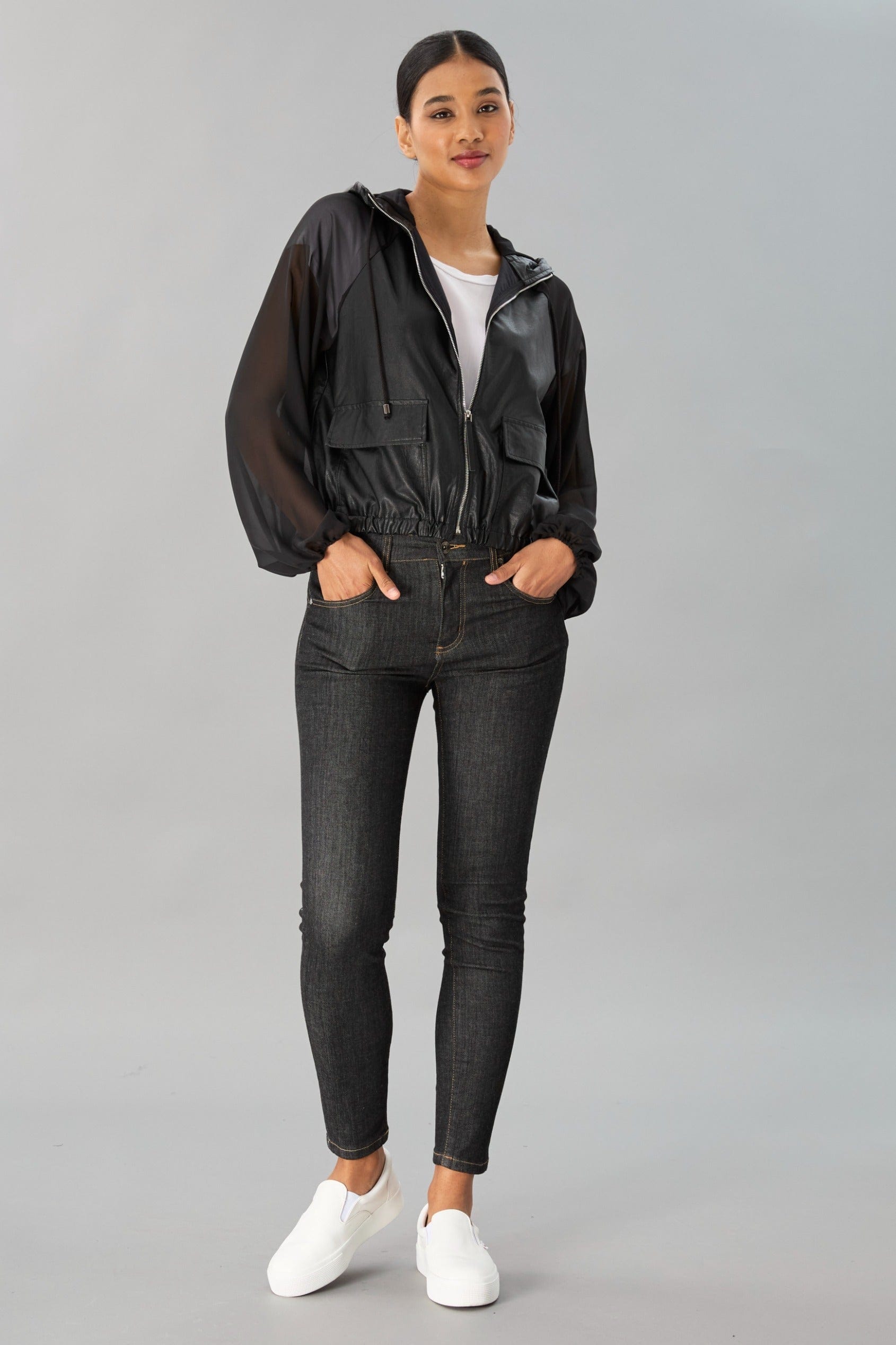 Sheer Sleeve Leather Hooded Jacket