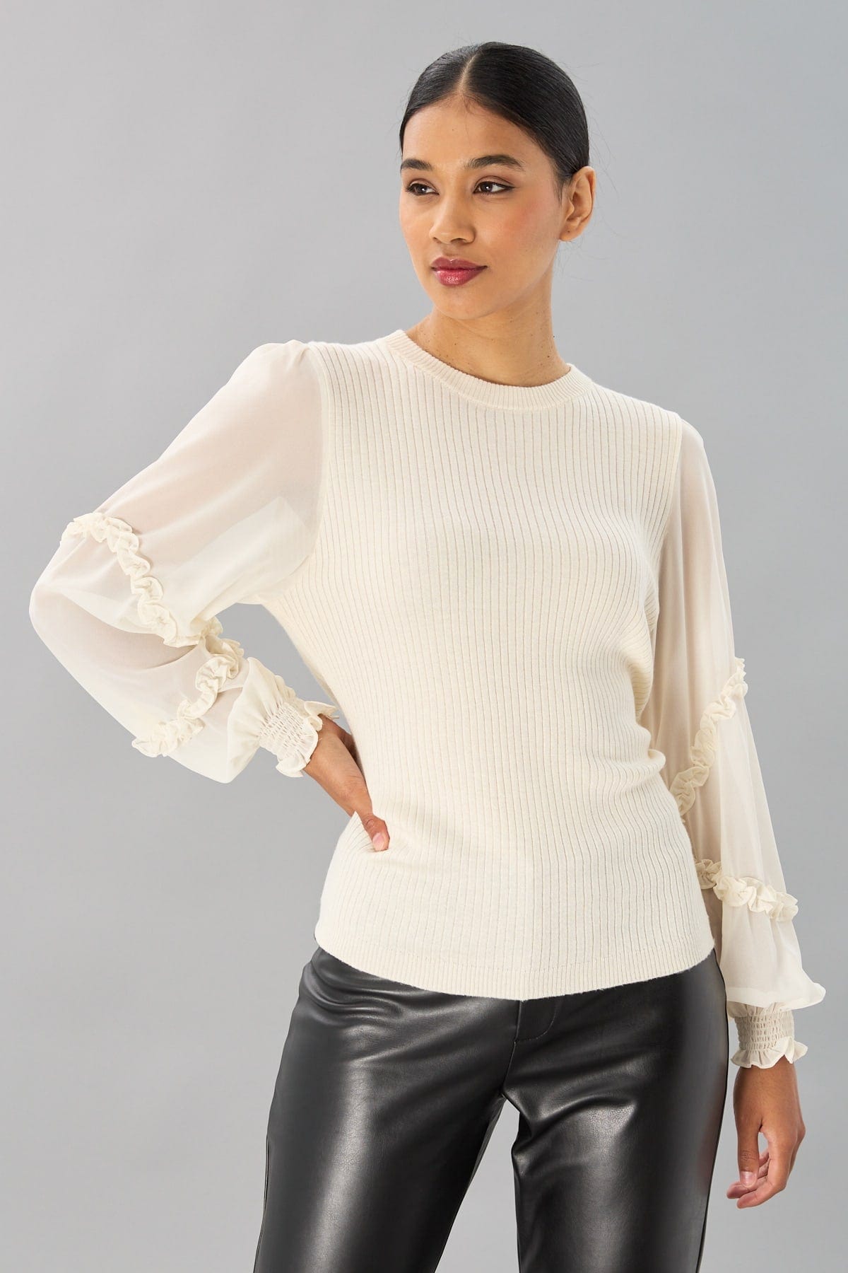 Rib Crew Neck With Chiffon Sleeves