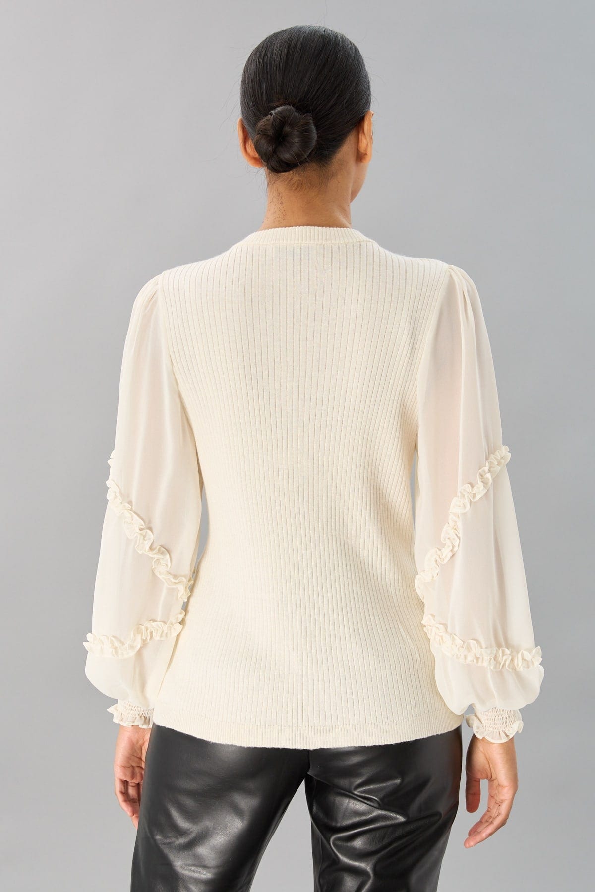 Rib Crew Neck With Chiffon Sleeves