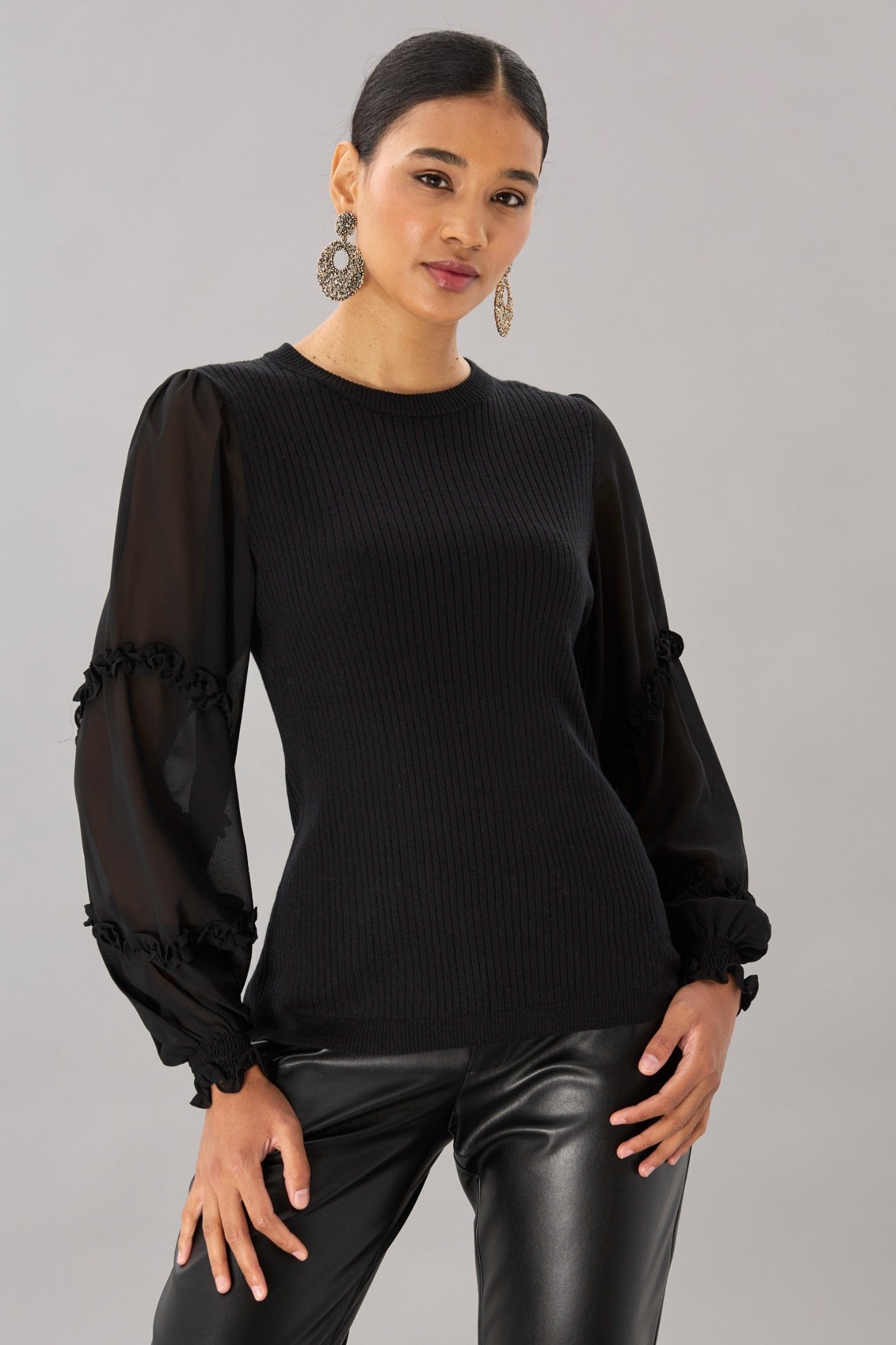 Rib Crew Neck With Chiffon Sleeves