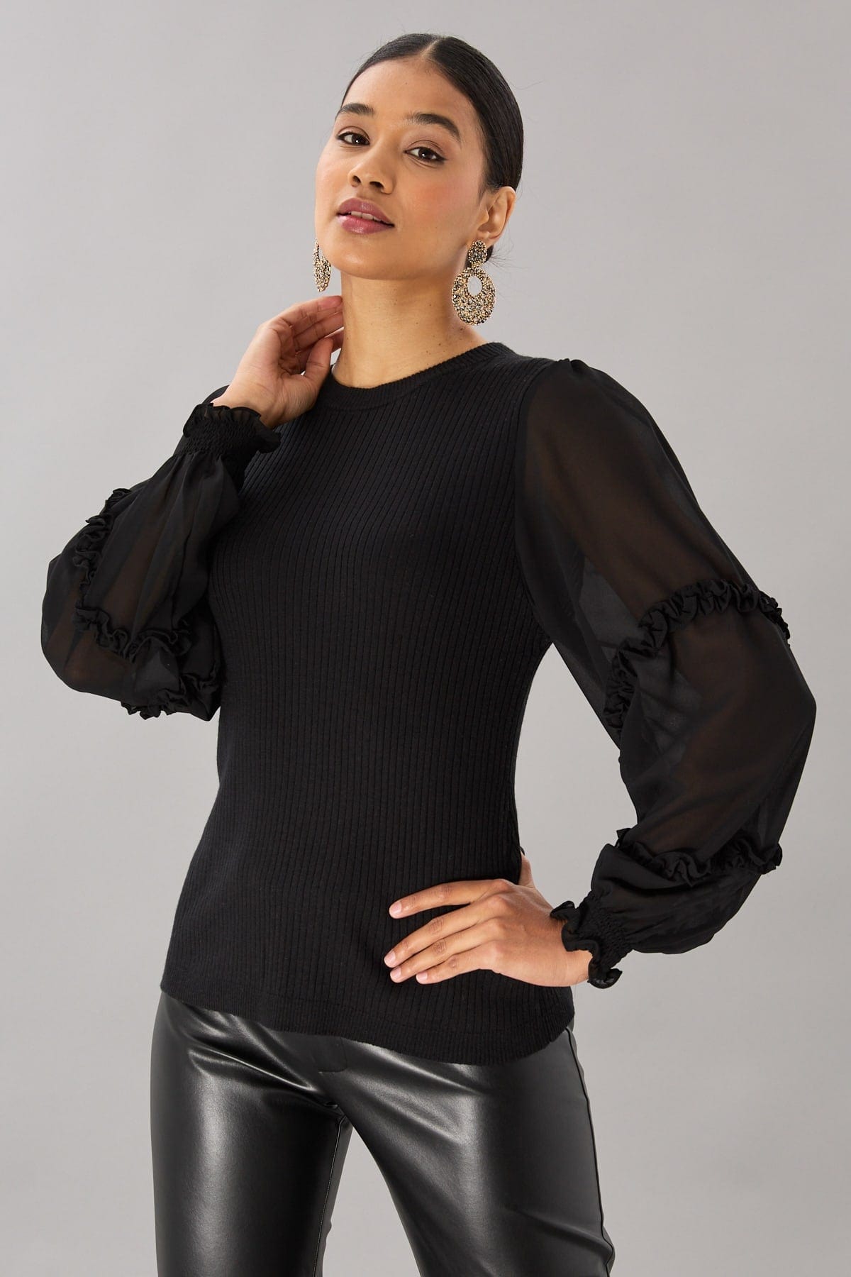 Rib Crew Neck With Chiffon Sleeves