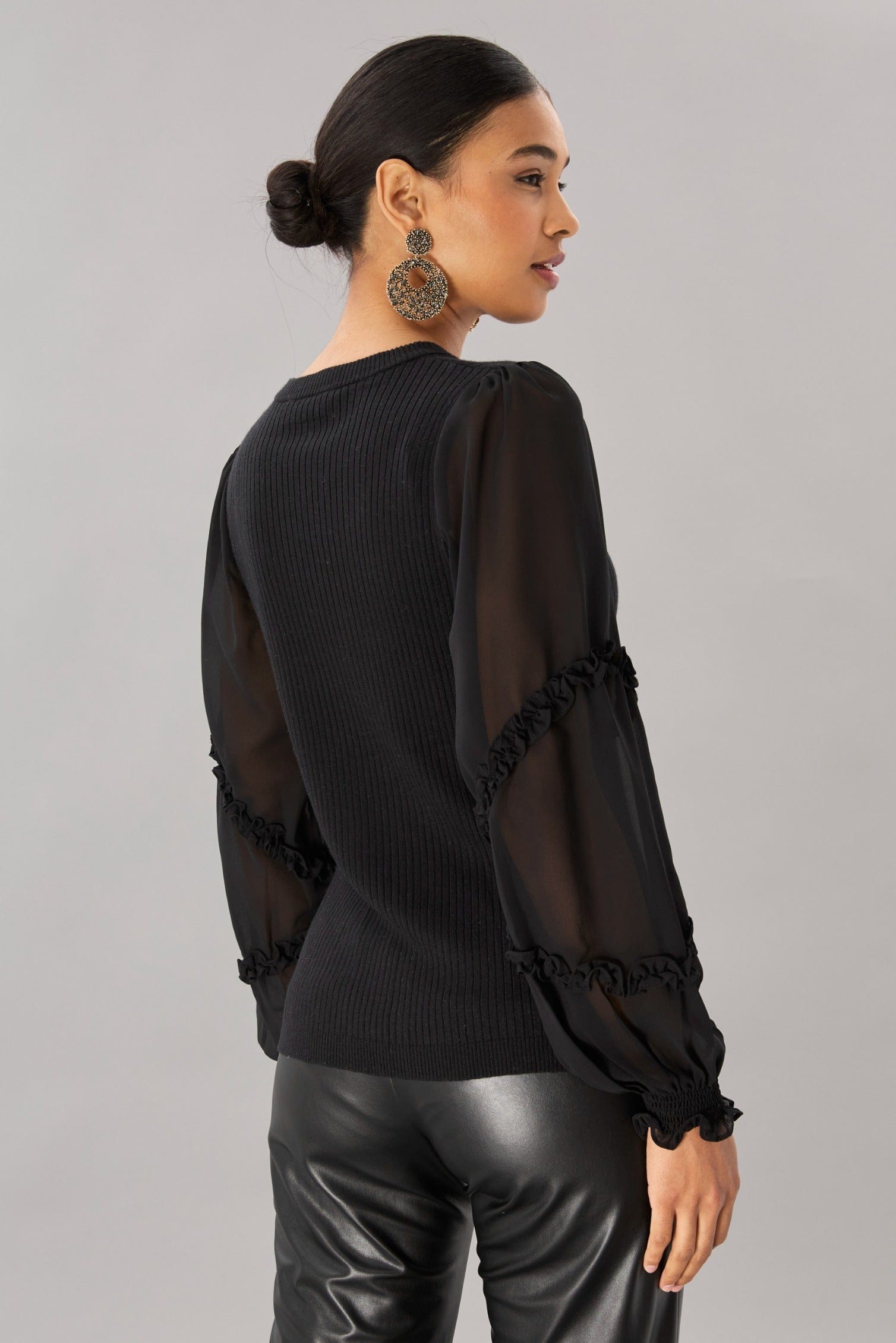 Rib Crew Neck With Chiffon Sleeves