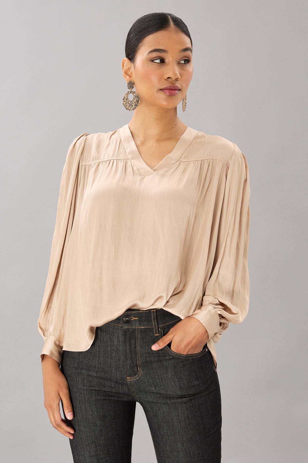 Vintage Satin Long Sleeve V-Neck Top