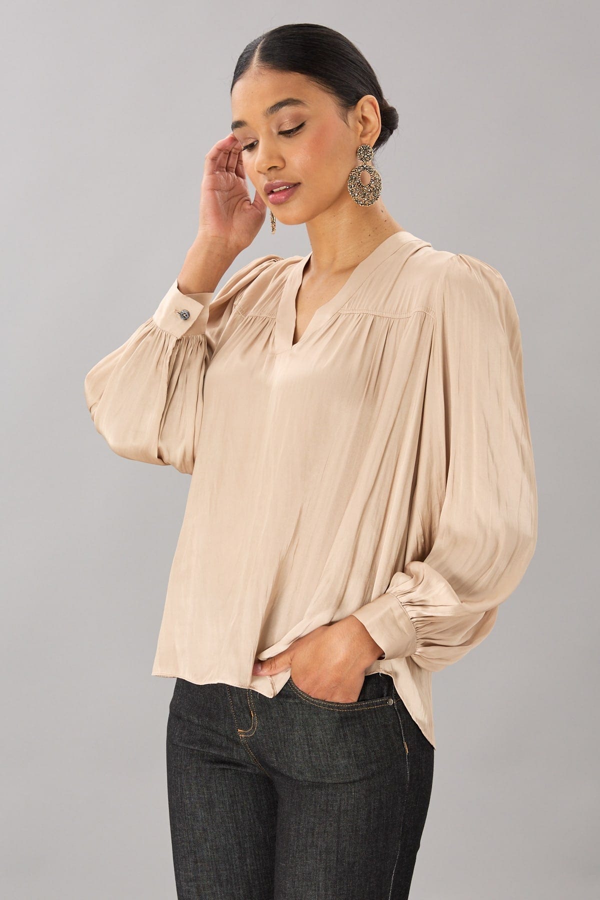 Vintage Satin Long Sleeve V-Neck Top