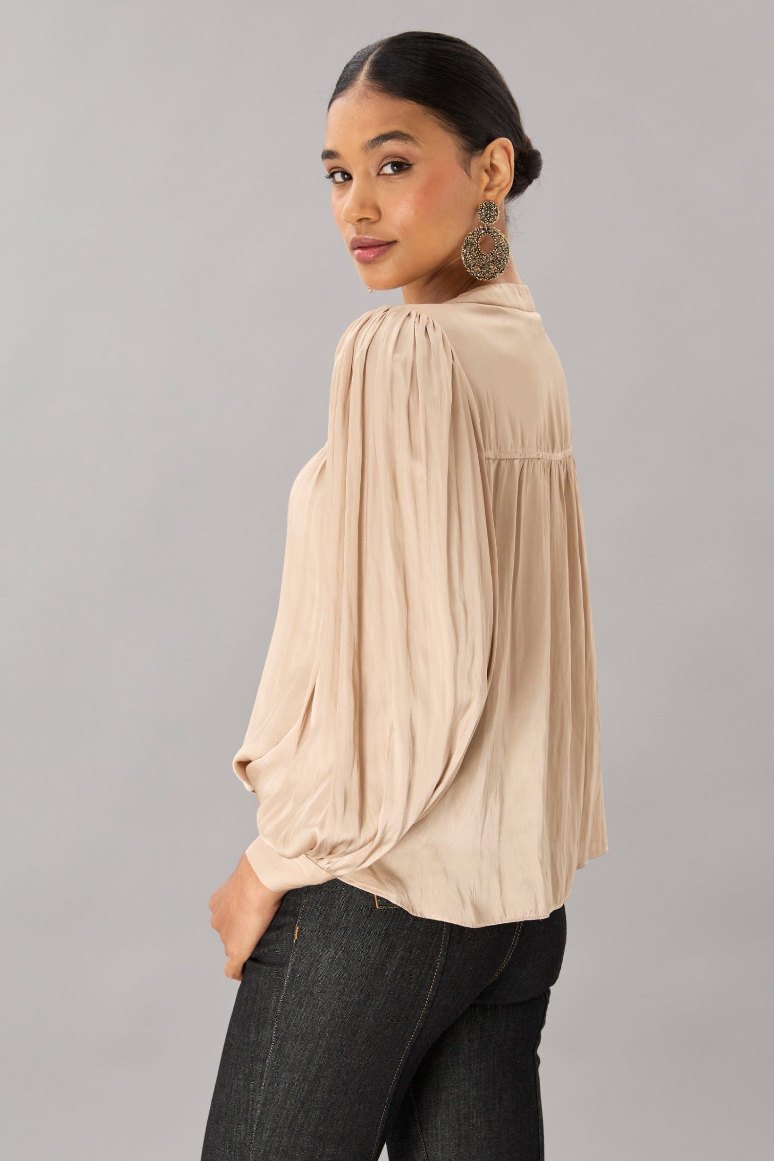 Vintage Satin Long Sleeve V-Neck Top