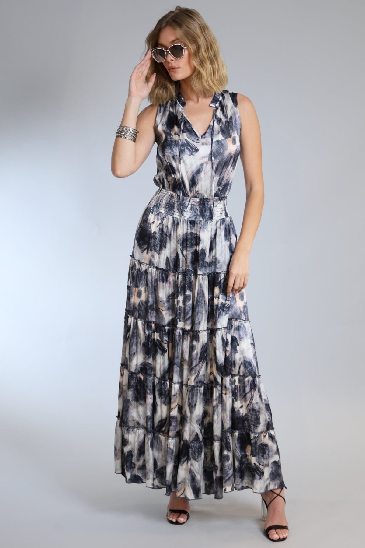 Denim Flower Tiered Maxi