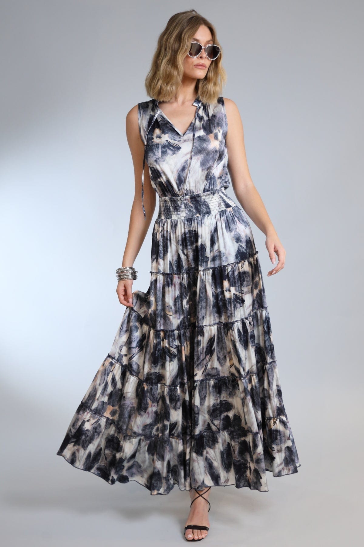 Denim Flower Tiered Maxi