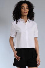 Stretch Poplin Cropped Button Down Shirt