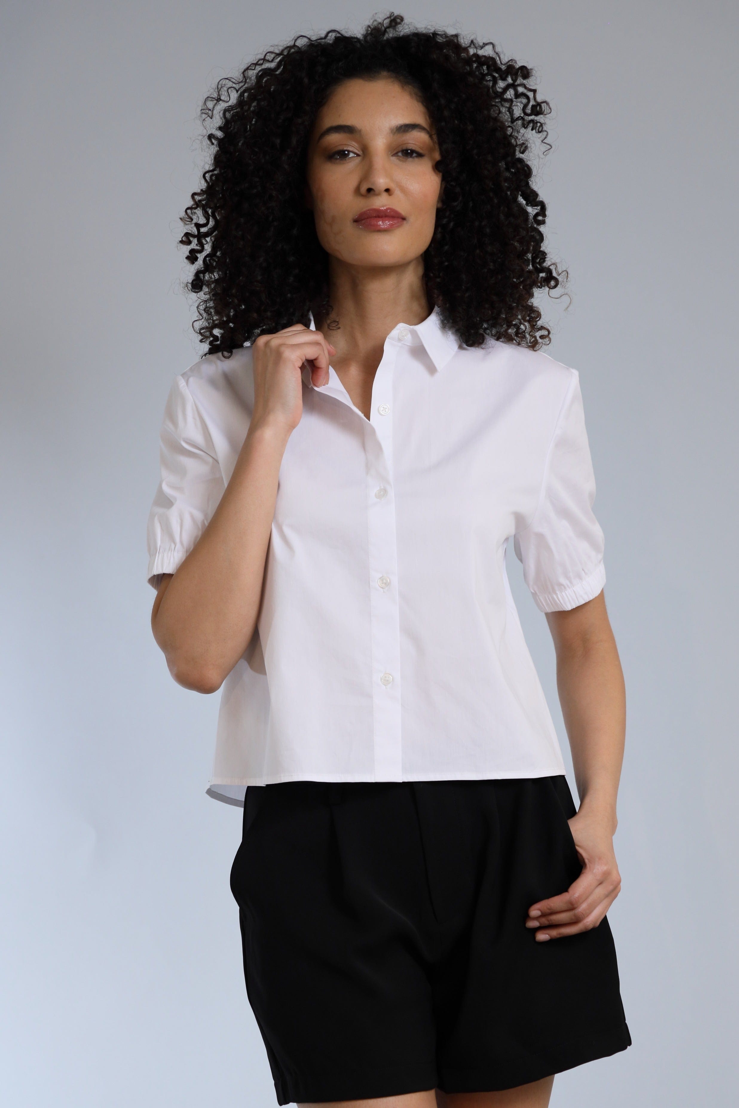 Stretch Poplin Cropped Button Down Shirt