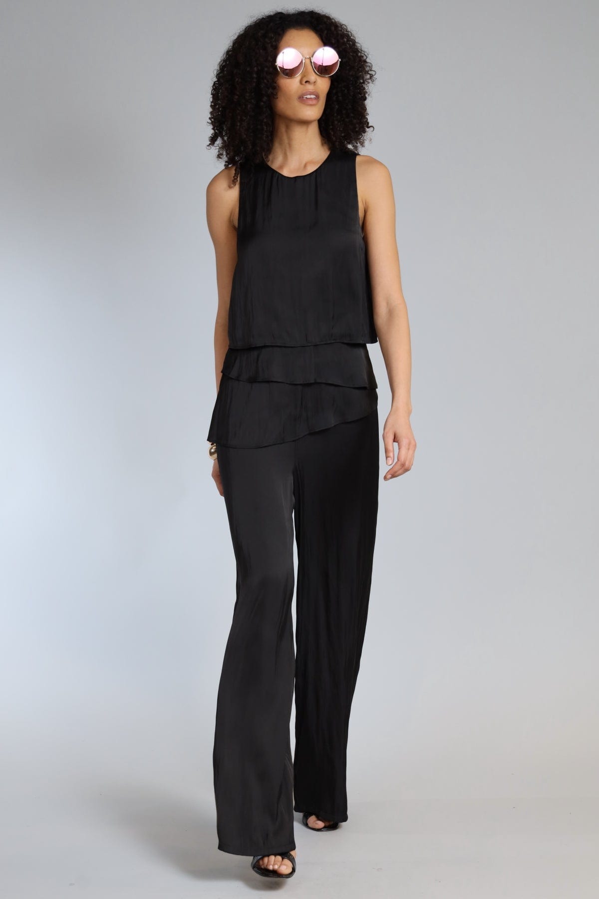 Vintage Satin Tiered Ruffle Jumpsuit