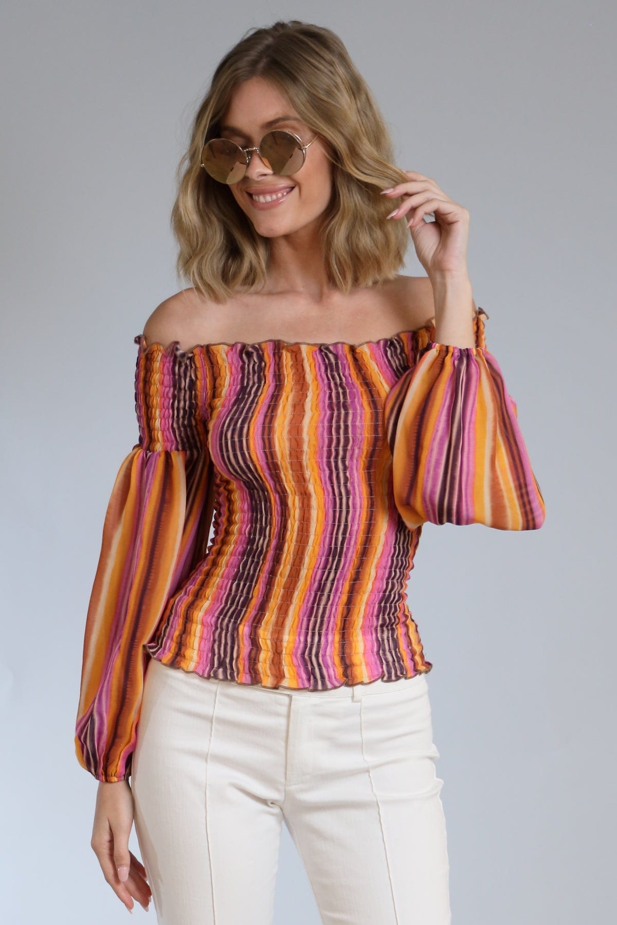 Abstract Stripe Smocked Top