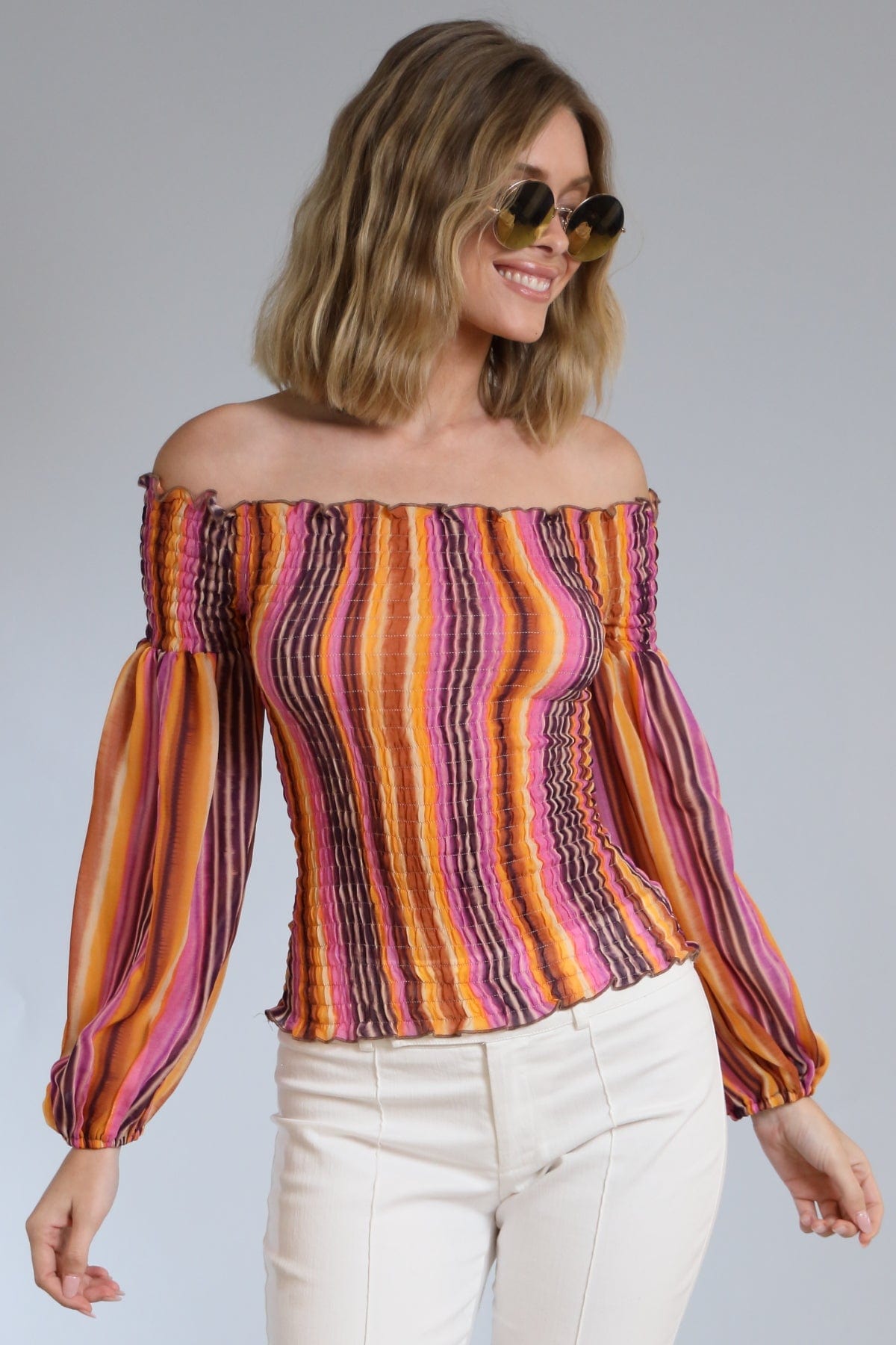 Abstract Stripe Smocked Top
