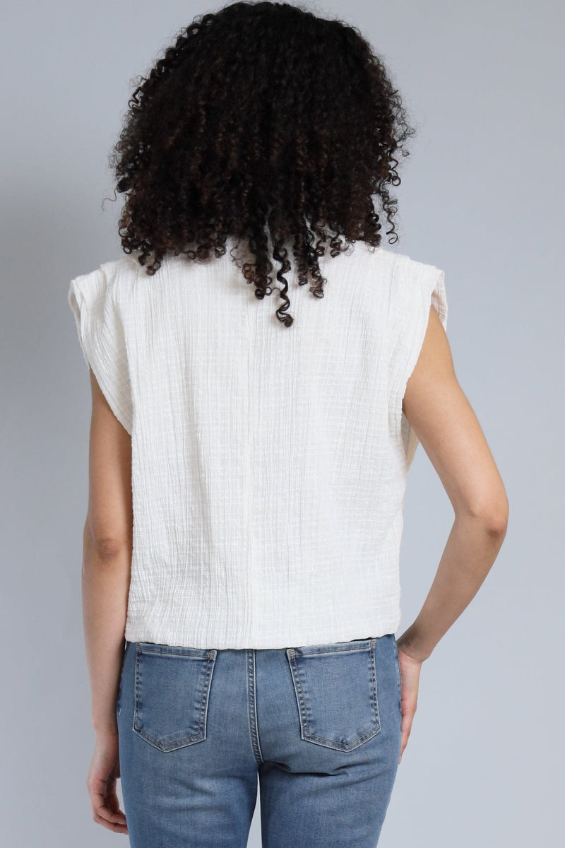 Pleated Shoulder Sleeveless Button Up