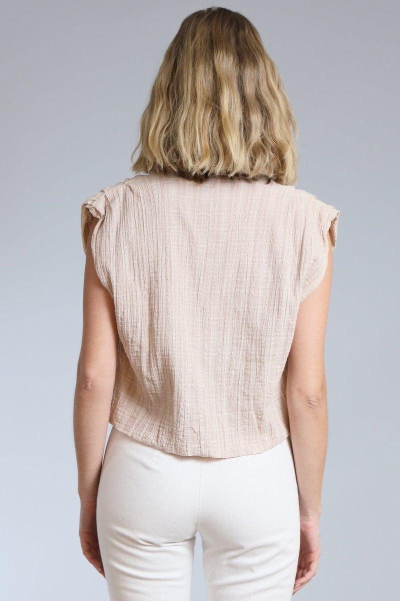 Pleated Shoulder Sleeveless Button Up