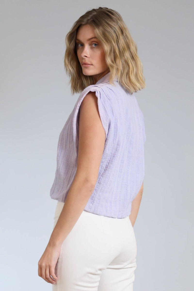 Pleated Shoulder Sleeveless Button Up