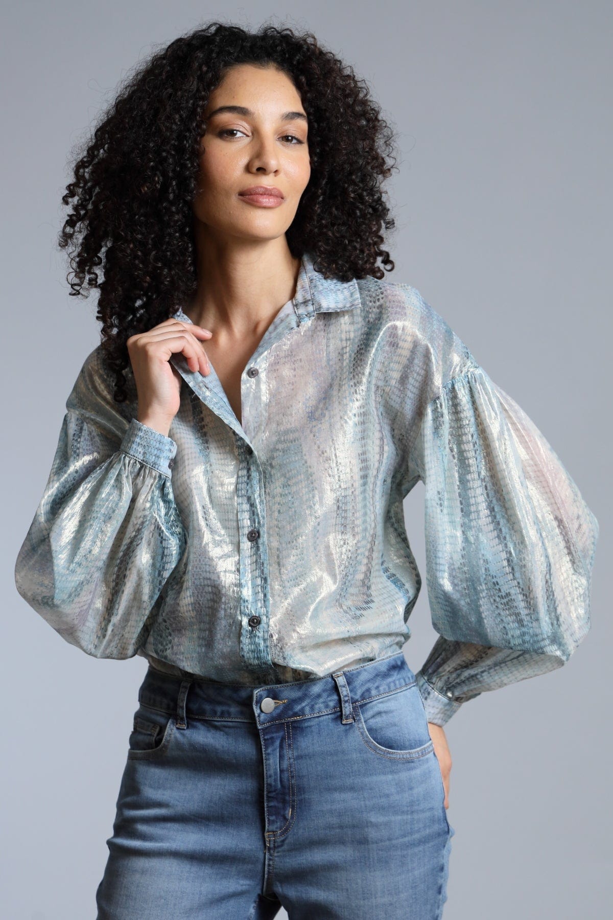 Foil Printed Snake Puff Sleeve Shirt