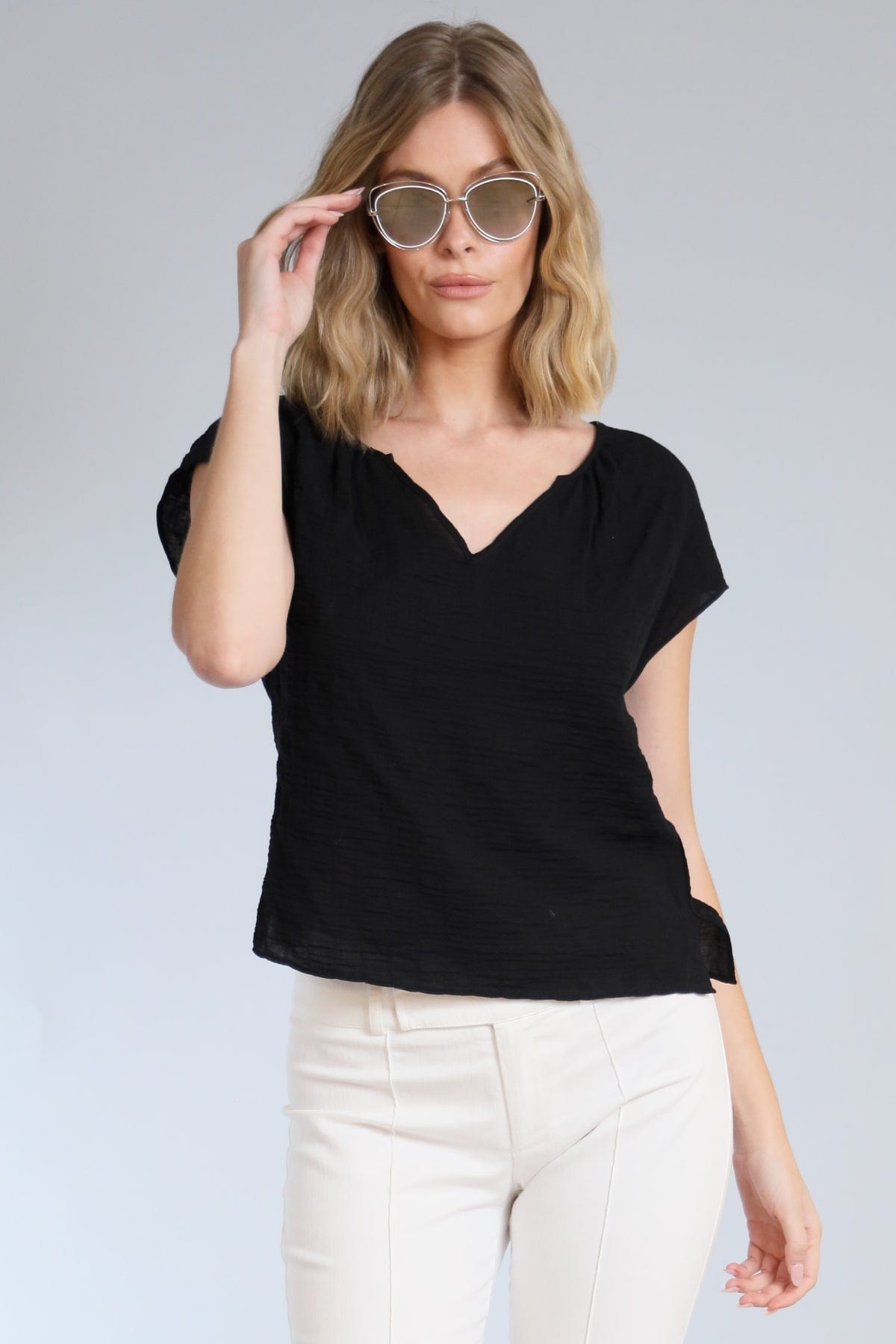 Pucker Cotton Split V-Neck Top