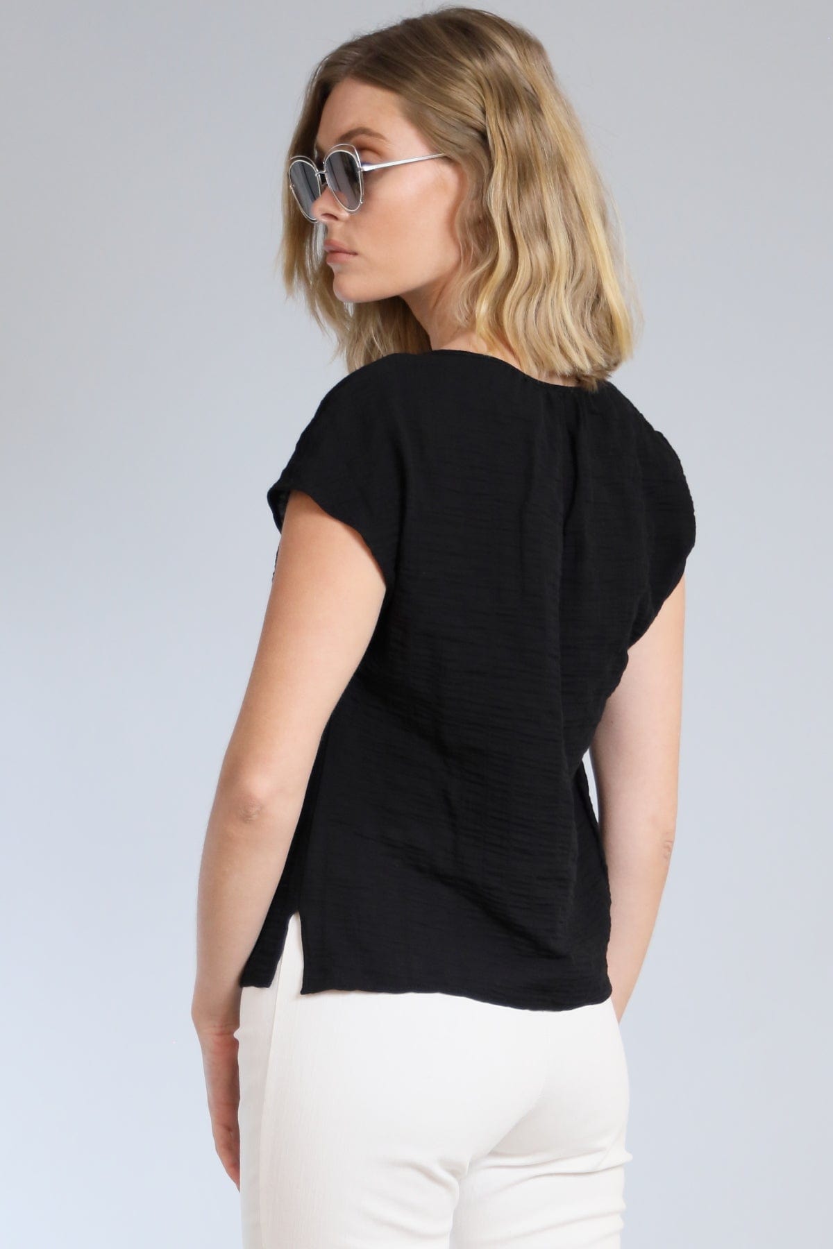 Pucker Cotton Split V-Neck Top