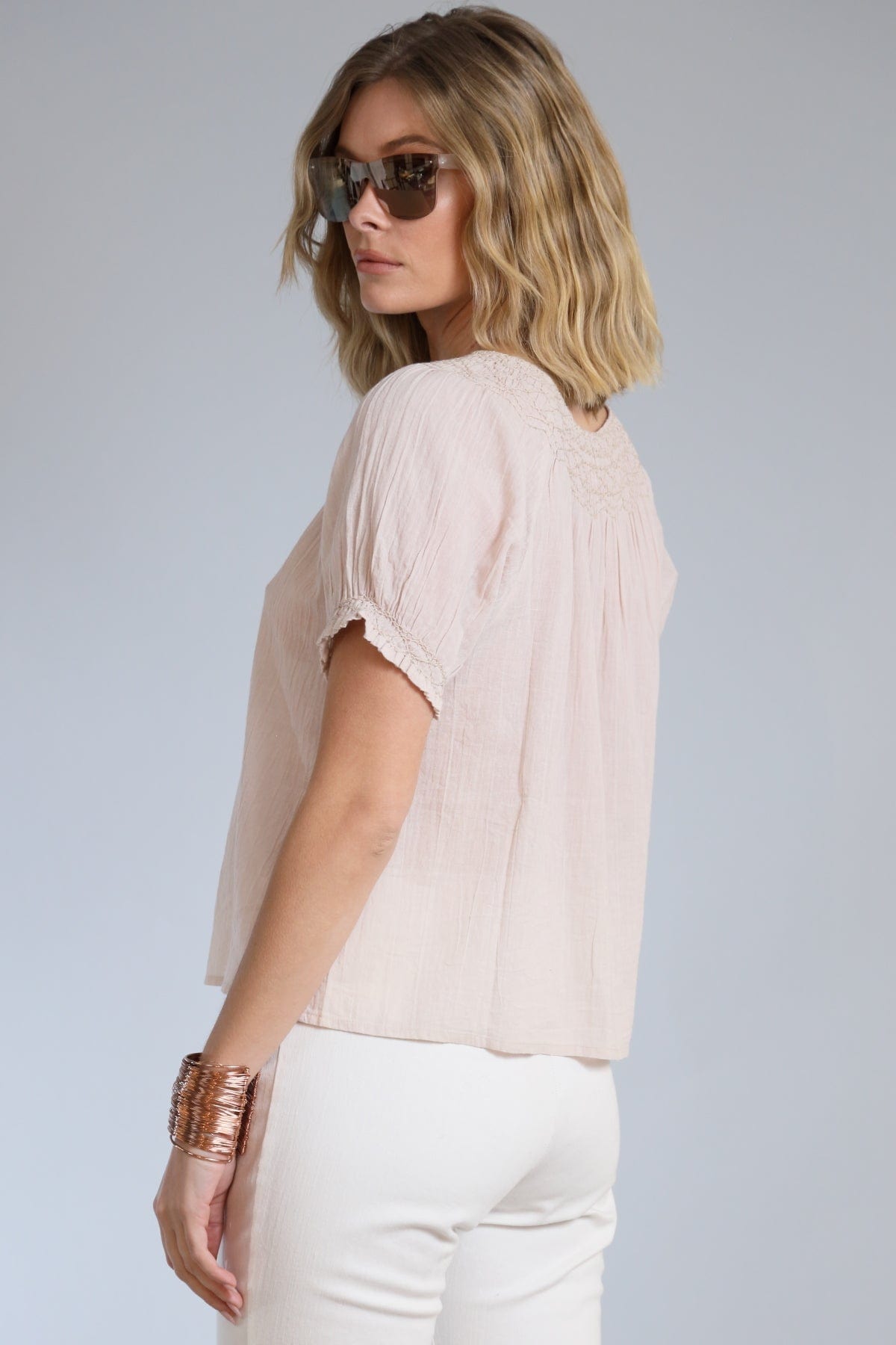 Neck Embroidered Crinkle Cotton Top
