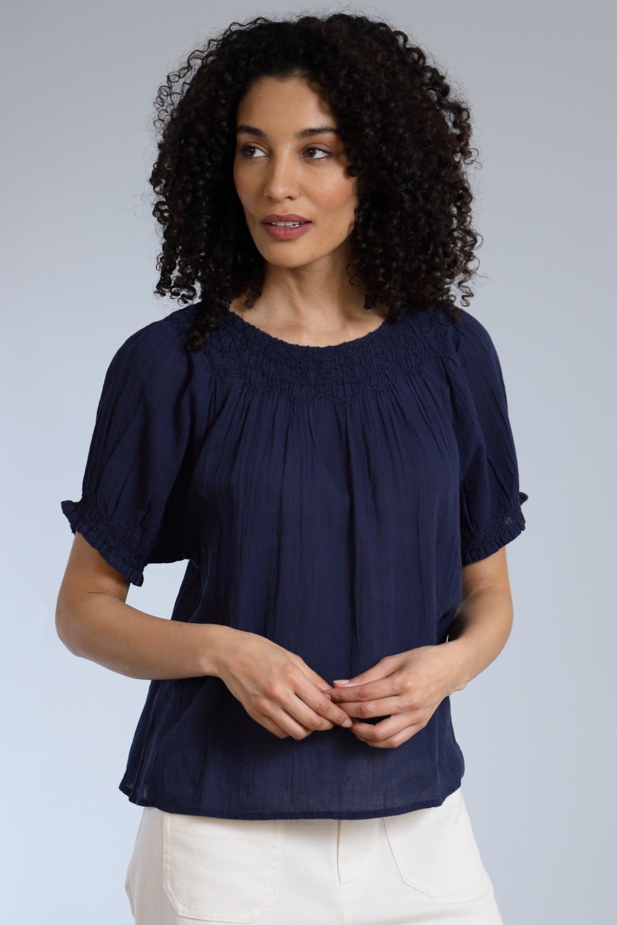 Neck Embroidered Crinkle Cotton Top